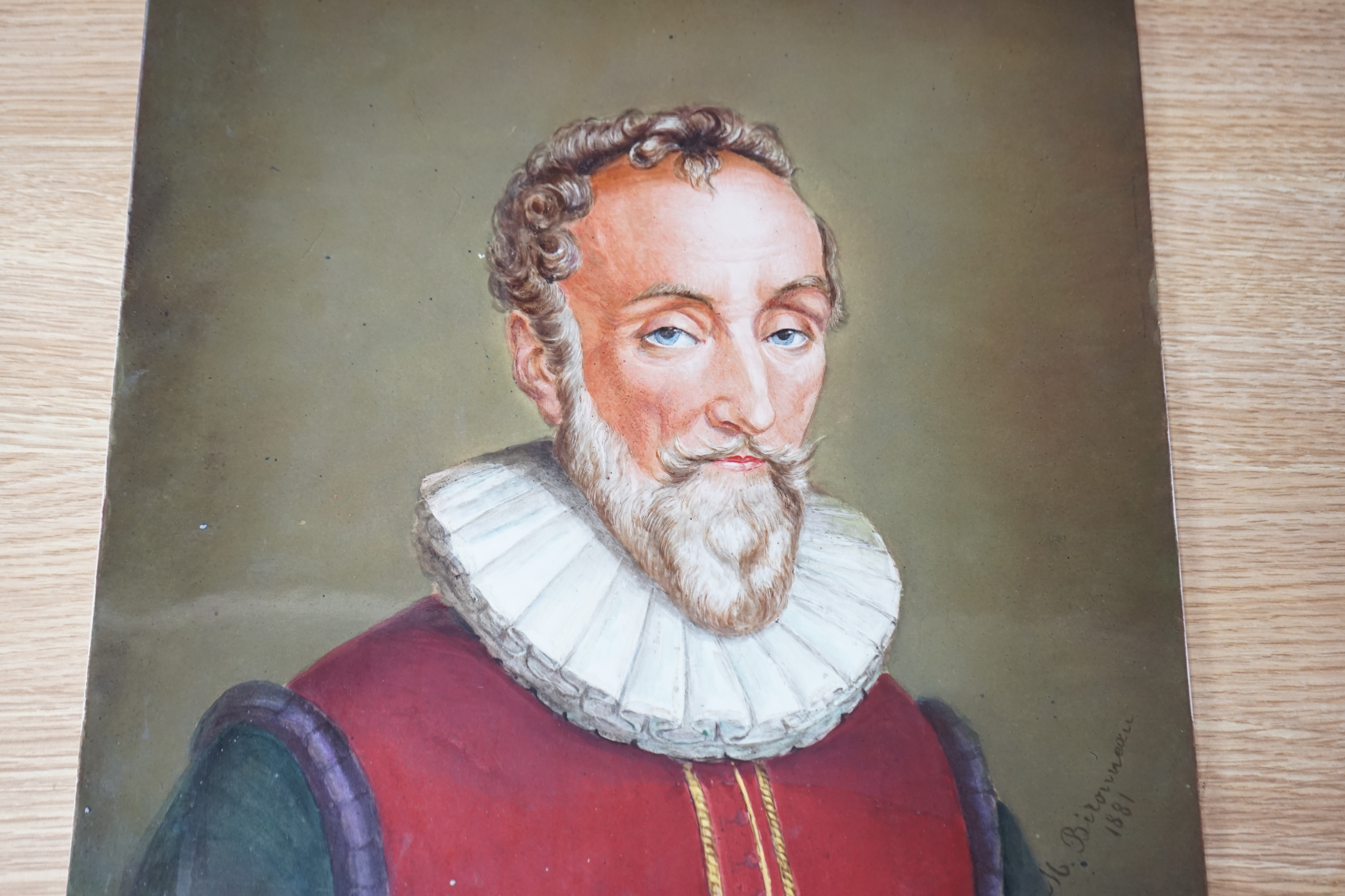 A 19th century Continental porcelain plaque of Cervantes, indistinctly signed, 45.5 x 34.5cm. Condition - good